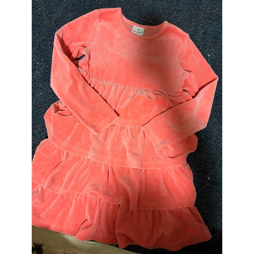 Hanna Andersson Girls Coral Pink Velour Tiered Ruffle Long Sleeve Dress Size 140